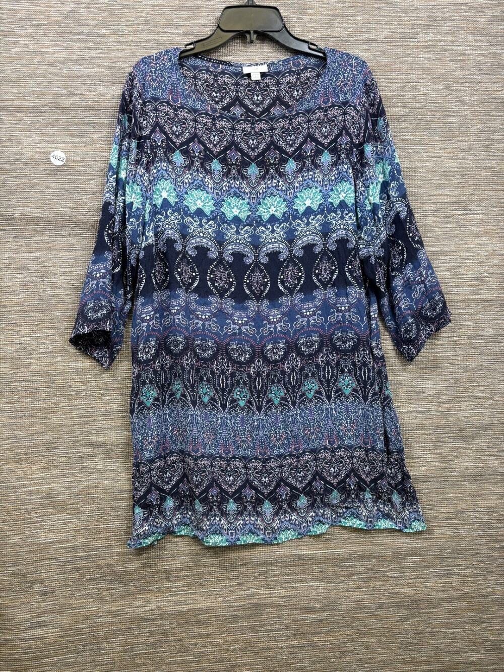 J Jill Peasant Sheath Dress Womens Size 1X Black Blue Multi 3/4 Sleeve